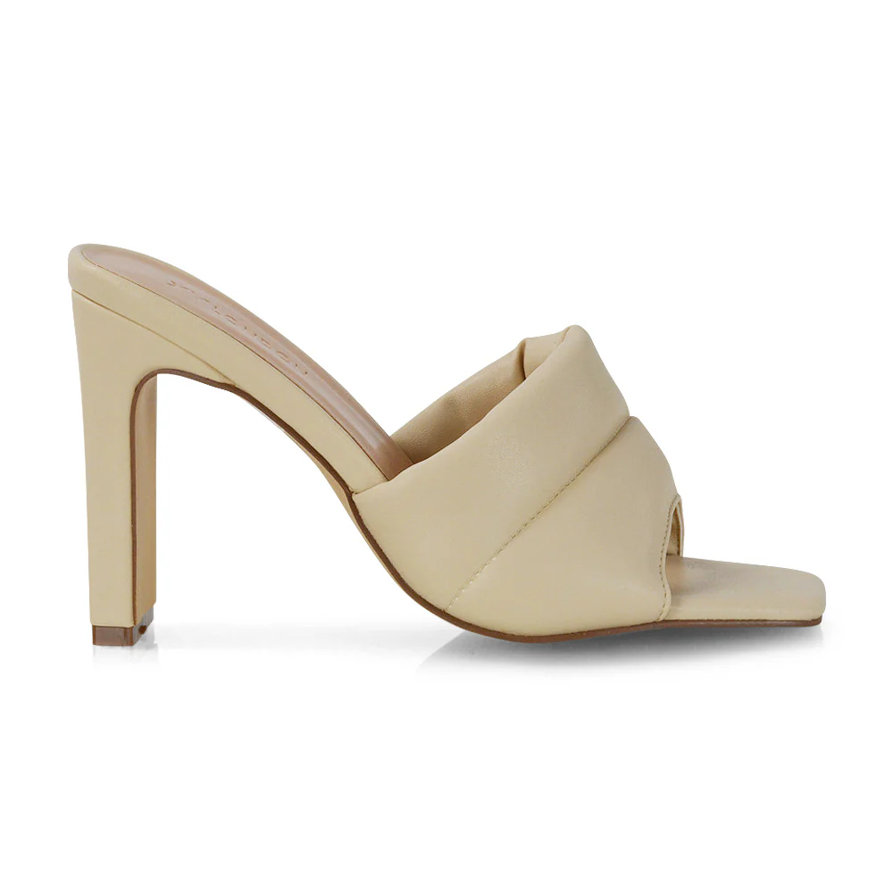 Mallory Square Toe Strappy Slip on Slim Block High Heel Mule Sandals in Nude - Image 114
