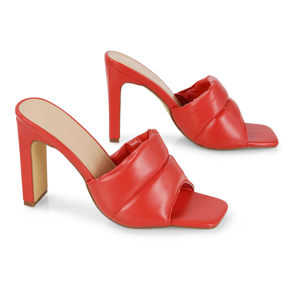Mallory Square Toe Strappy Slip on Slim Block High Heel Mule Sandals in Nude - Image 32