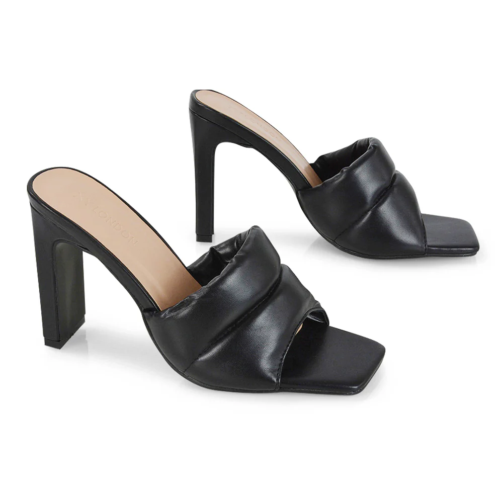 Mallory Square Toe Strappy Slip on Slim Block High Heel Mule Sandals in Nude - Image 52