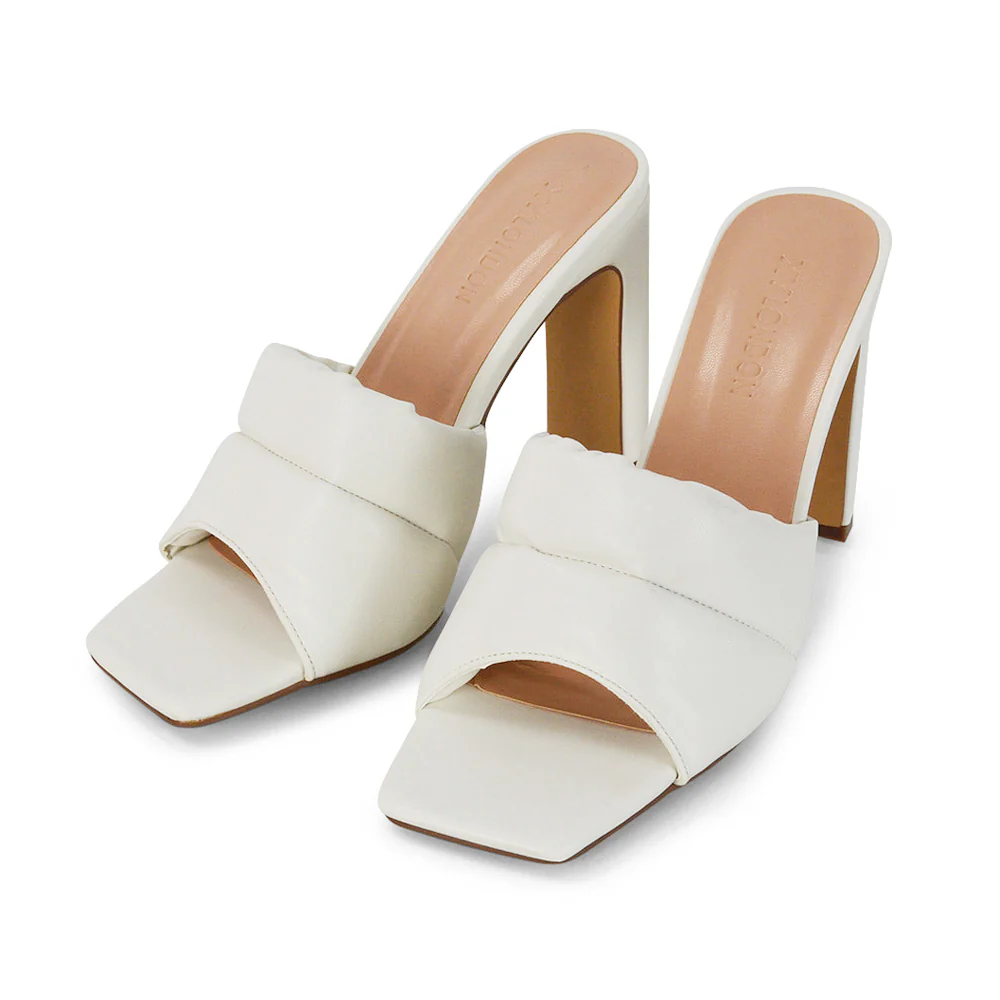 Mallory Square Toe Strappy Slip on Slim Block High Heel Mule Sandals in Nude - Image 75