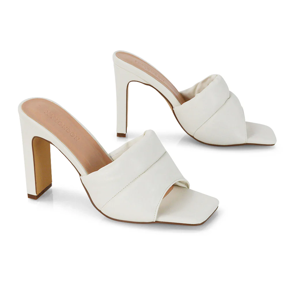 Mallory Square Toe Strappy Slip on Slim Block High Heel Mule Sandals in Nude - Image 77