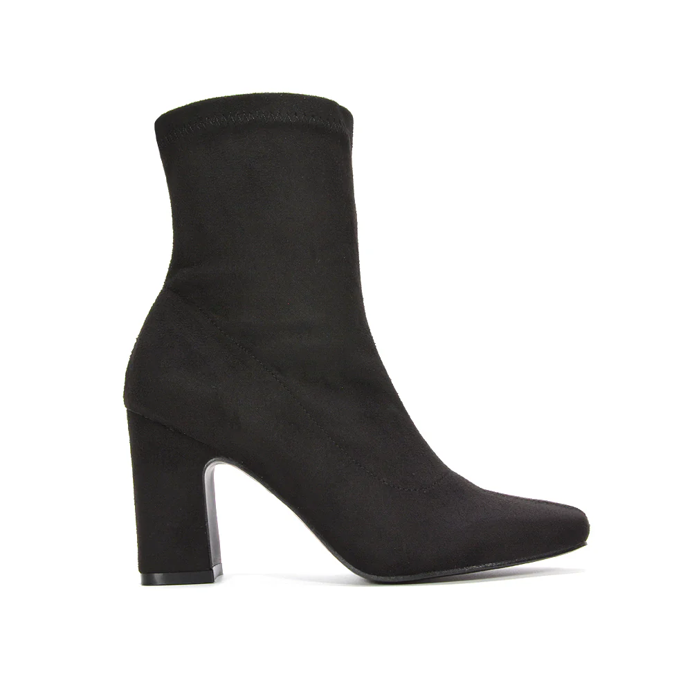 Margaret Stretchy Sock Ankle Boots With Block Heel in Black Faux Suede