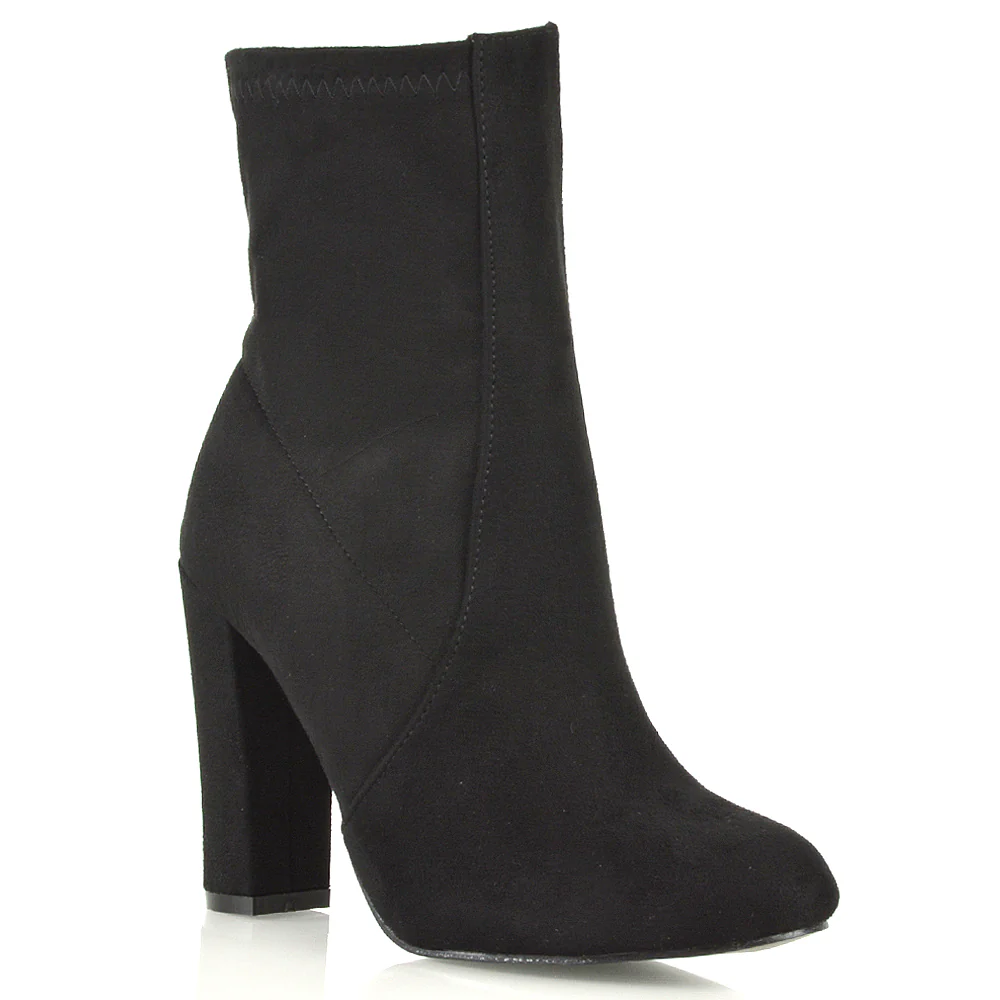 Margot Block High Heeled Zip-up Sock Ankle Boots in Black Faux Suede - Image 10