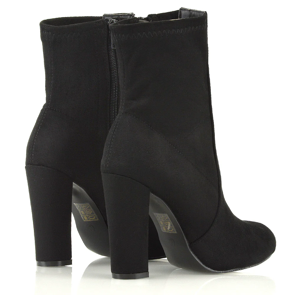 Margot Block High Heeled Zip-up Sock Ankle Boots in Black Faux Suede - Image 3