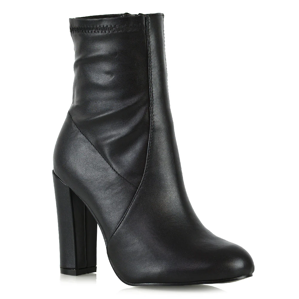Margot Block High Heeled Zip-up Sock Ankle Boots in Black Synthetic Leather - Image 10