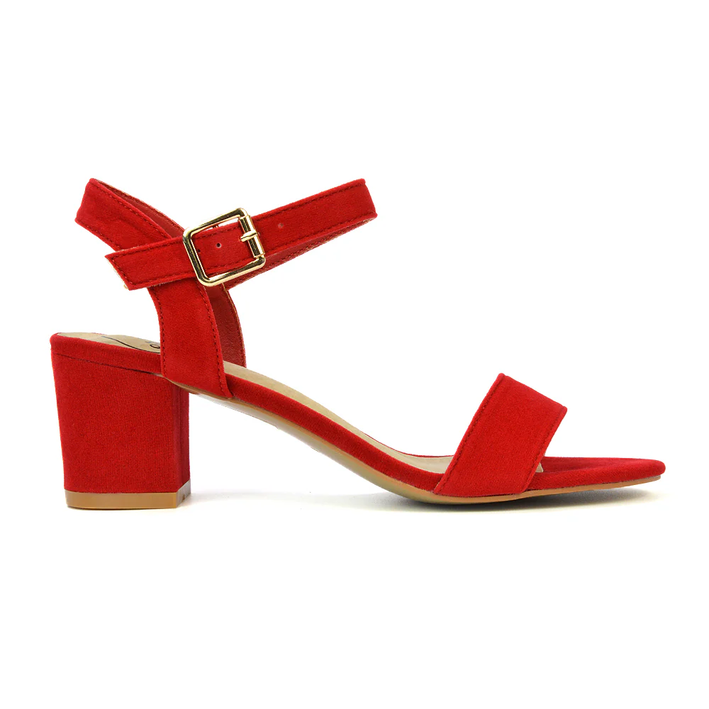 Mariana Strappy Buckle Up Mid Block Heel Sandals in Navy Faux Suede - Image 20