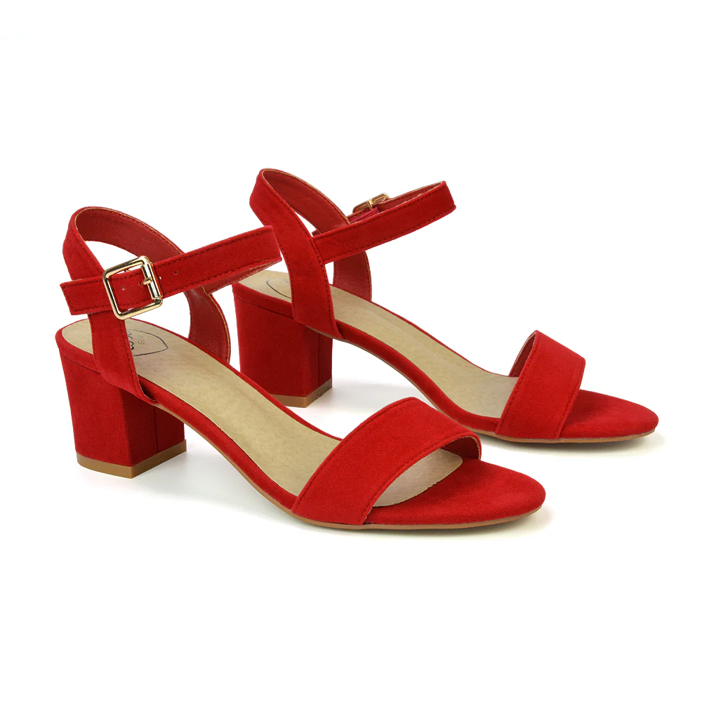Mariana Strappy Buckle Up Mid Block Heel Sandals in Red Faux Suede - Image 12