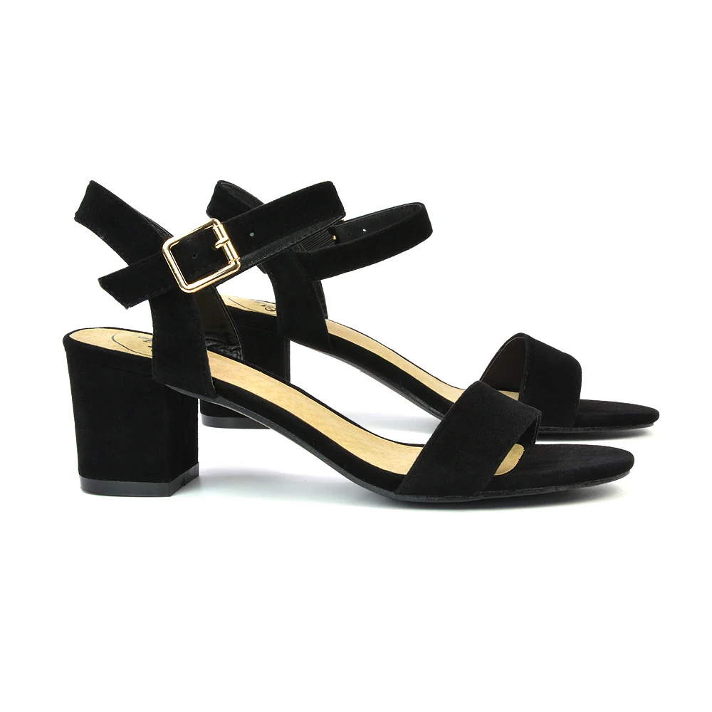 Mariana Strappy Buckle Up Mid Block Heel Sandals in Red Faux Suede - Image 201