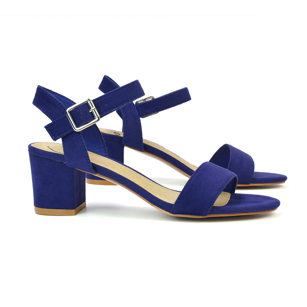 Mariana Strappy Buckle Up Mid Block Heel Sandals in Red Faux Suede - Image 75