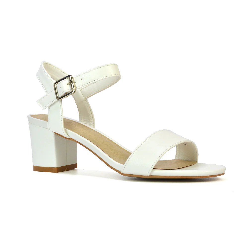 Mariana Strappy Buckle Up Mid Block Heel Sandals in White Synthetic Leather - Image 3