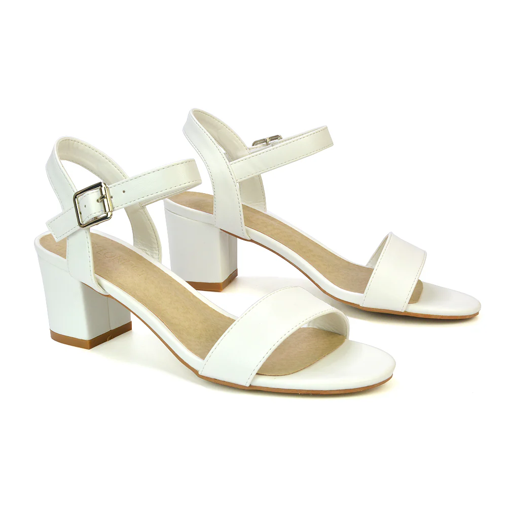 Mariana Strappy Buckle Up Mid Block Heel Sandals in White Synthetic Leather - Image 90