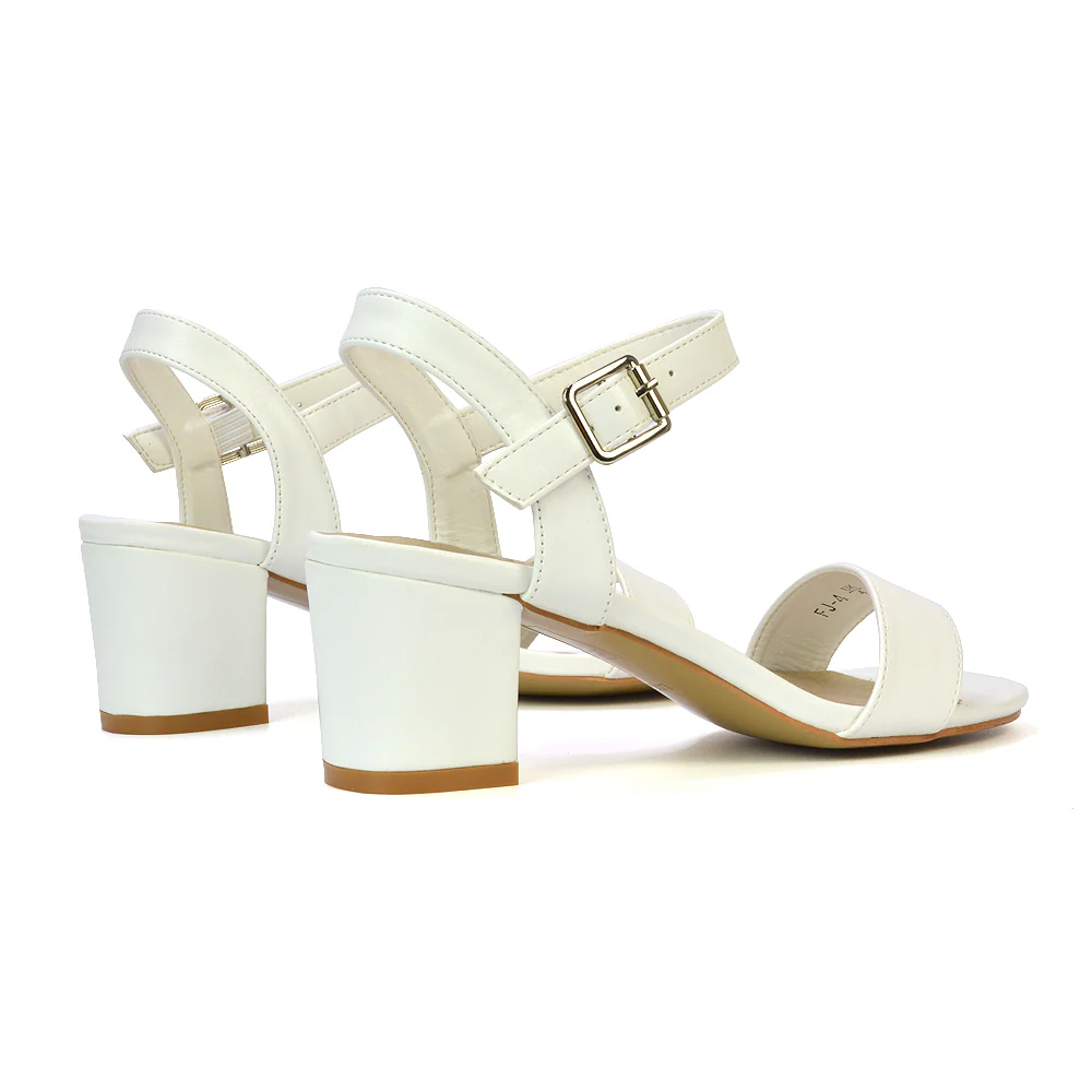 Mariana Strappy Buckle Up Mid Block Heel Sandals in White Synthetic Leather - Image 95