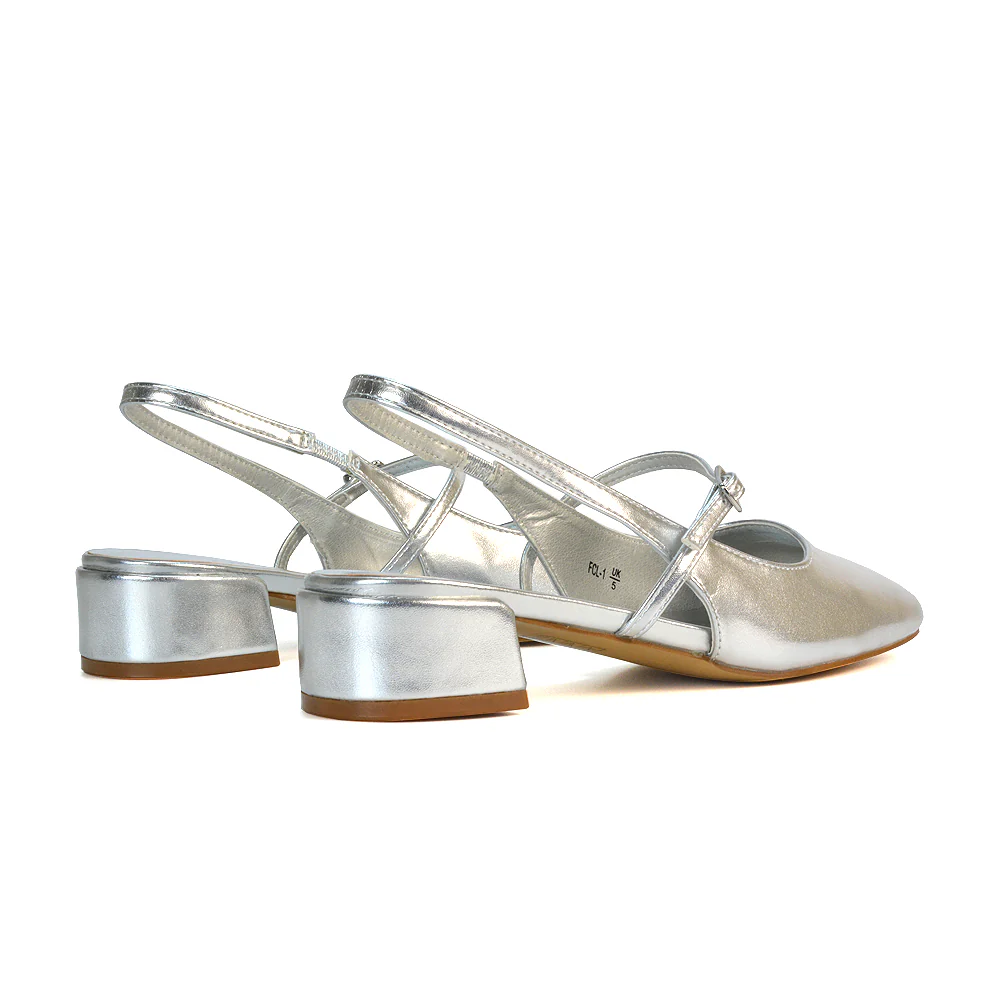 Marie Low Block Heel Square Toe Closed Toe Slingback Shoes in Silver Metallic - Image 6