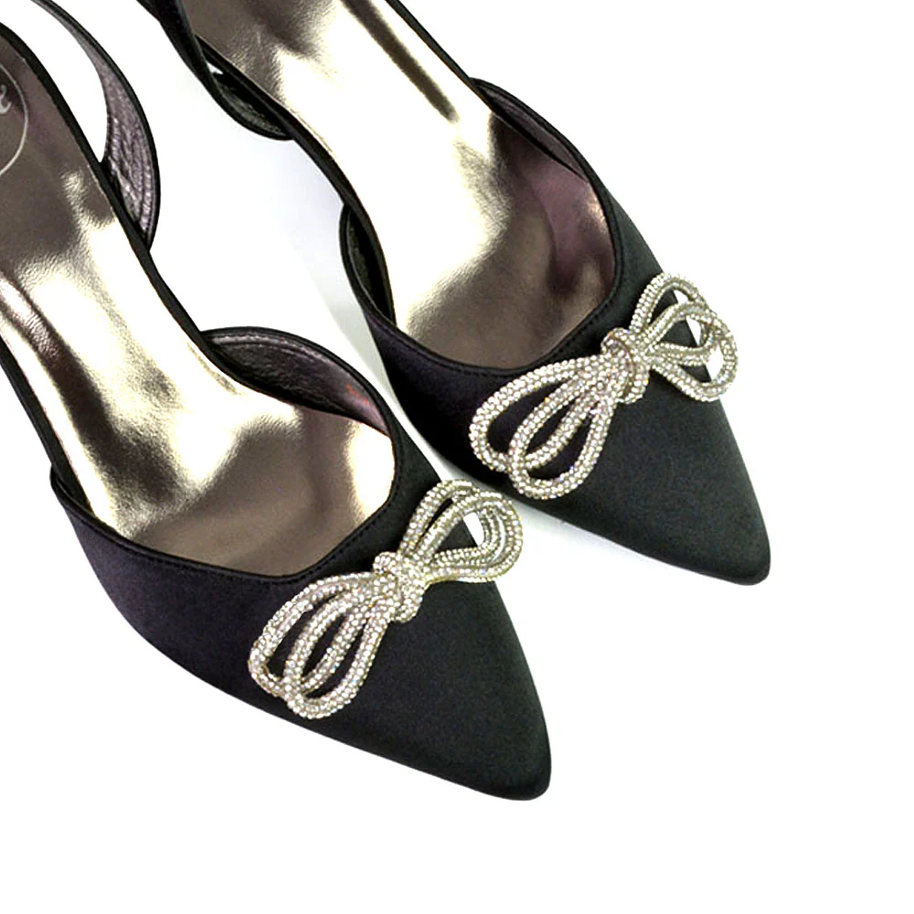 Marinah Wedding Shoes Diamante Bow Slingback Stiletto High Heel Court Shoes in Navy - Image 172