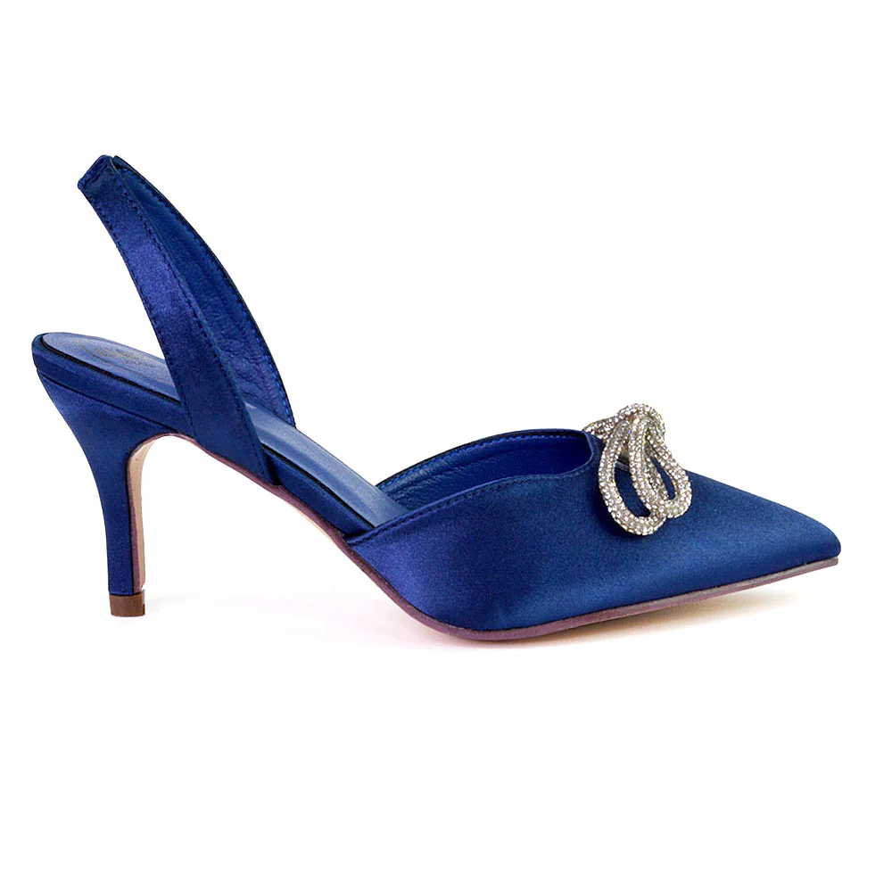 Marinah Wedding Shoes Diamante Bow Slingback Stiletto High Heel Court Shoes in Navy - Image 8