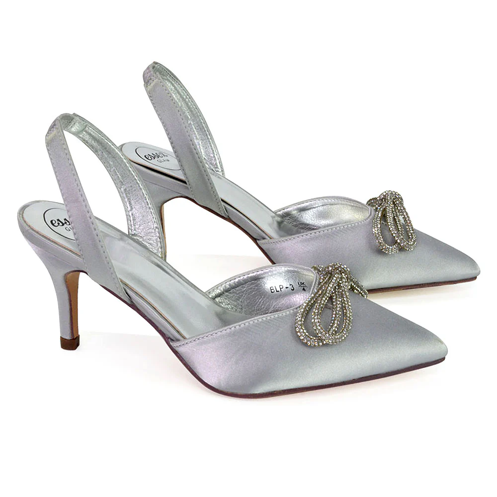 Marinah Wedding Shoes Diamante Bow Slingback Stiletto High Heel Court Shoes in Silver - Image 144