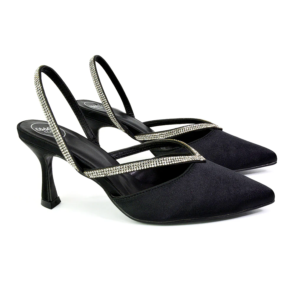 Marissa Pointed Toe Diamante Sling Back Strappy Stiletto Bridal Heels in Black - Image 97