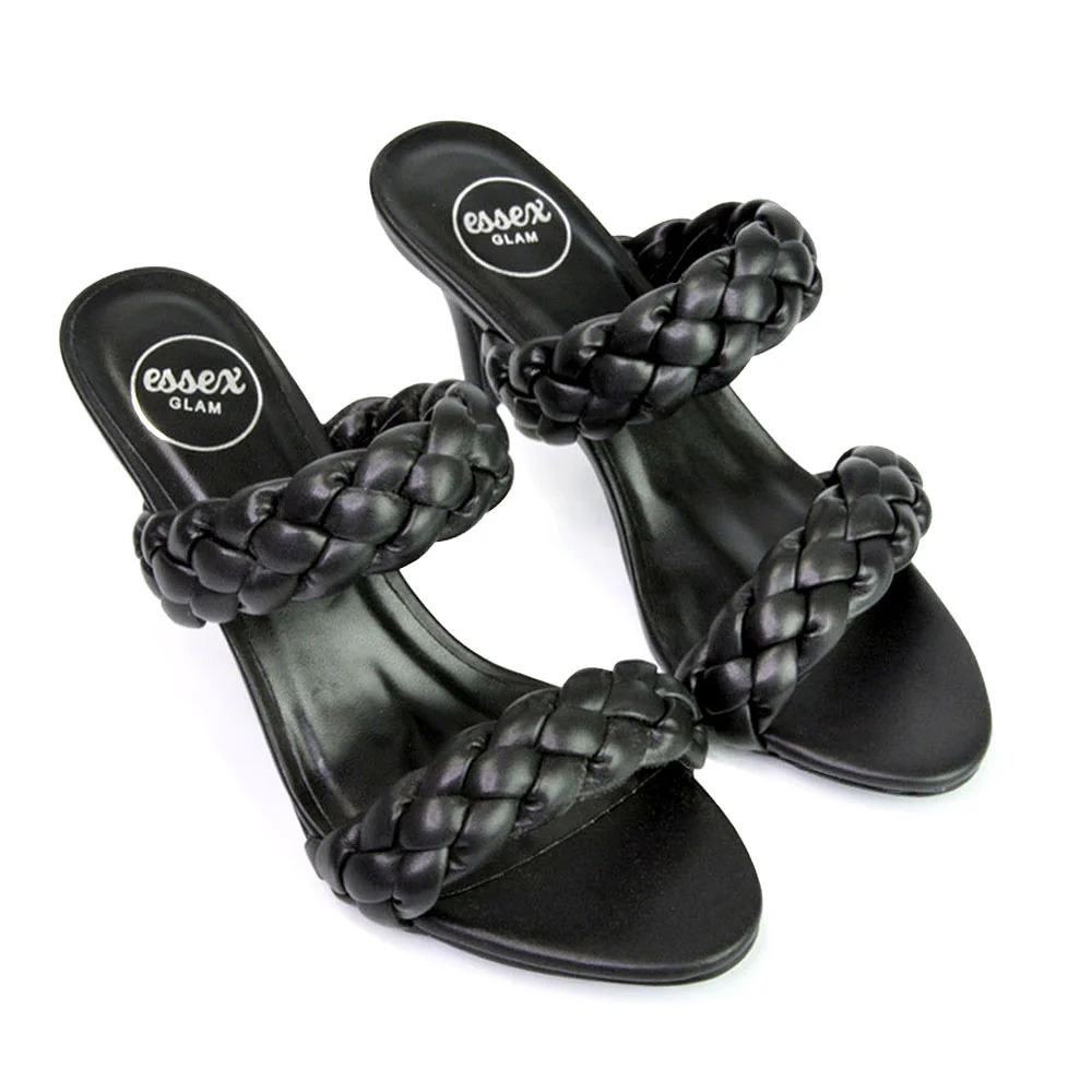 Marsha Square Toe Woven Strap Sandals Mid High Heel Mules in Black - Image 147