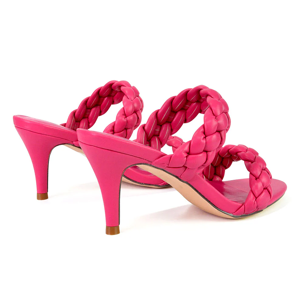 Marsha Square Toe Woven Strap Sandals Mid High Heel Mules in Black - Image 90