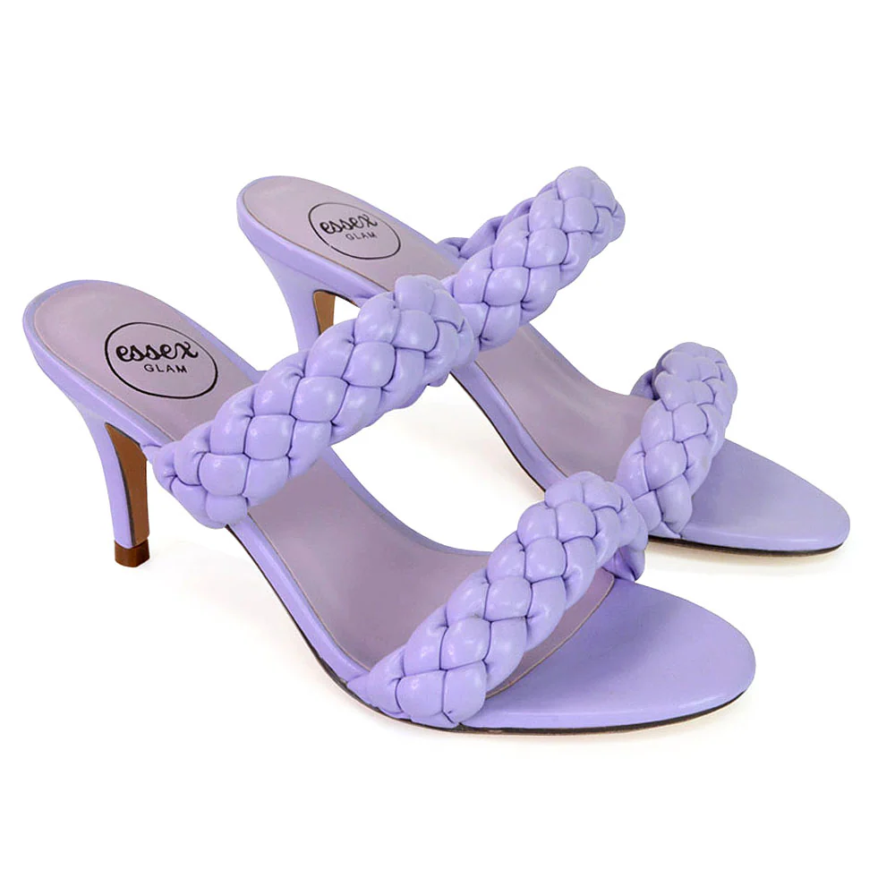 Marsha Square Toe Woven Strap Sandals Mid High Heel Mules in Fuchsia - Image 106