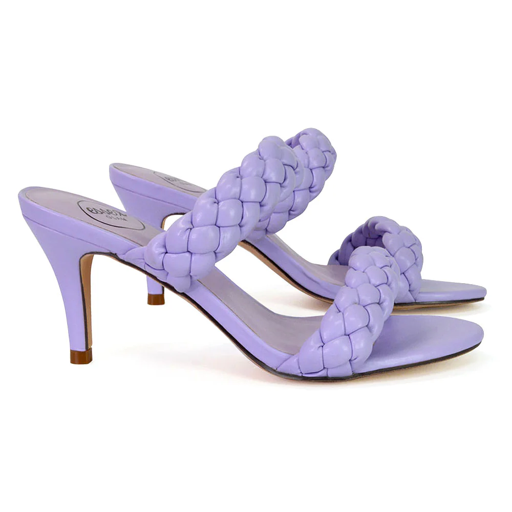 Marsha Square Toe Woven Strap Sandals Mid High Heel Mules in Fuchsia - Image 114