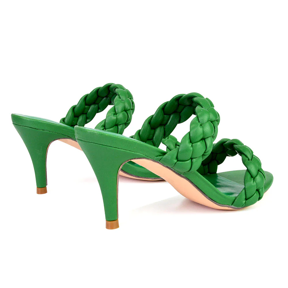 Marsha Square Toe Woven Strap Sandals Mid High Heel Mules in Fuchsia - Image 15
