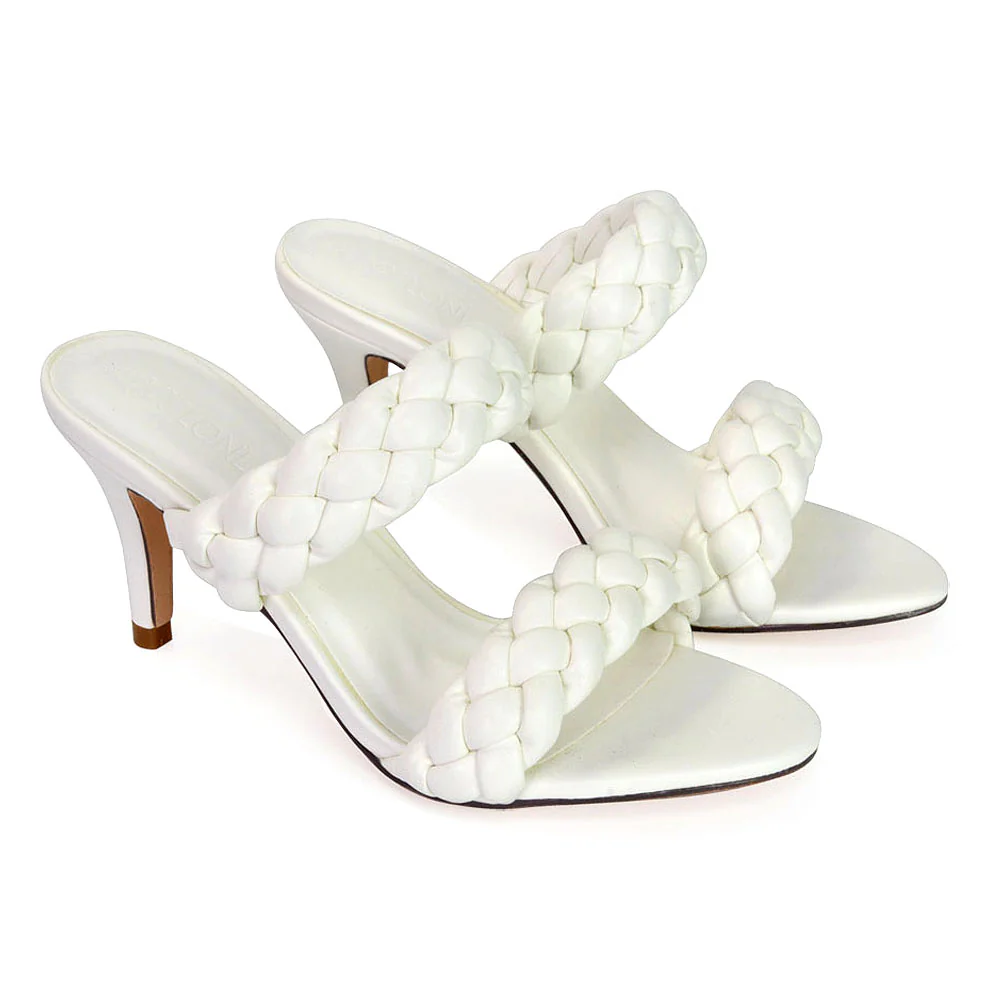 Marsha Square Toe Woven Strap Sandals Mid High Heel Mules in Fuchsia - Image 41