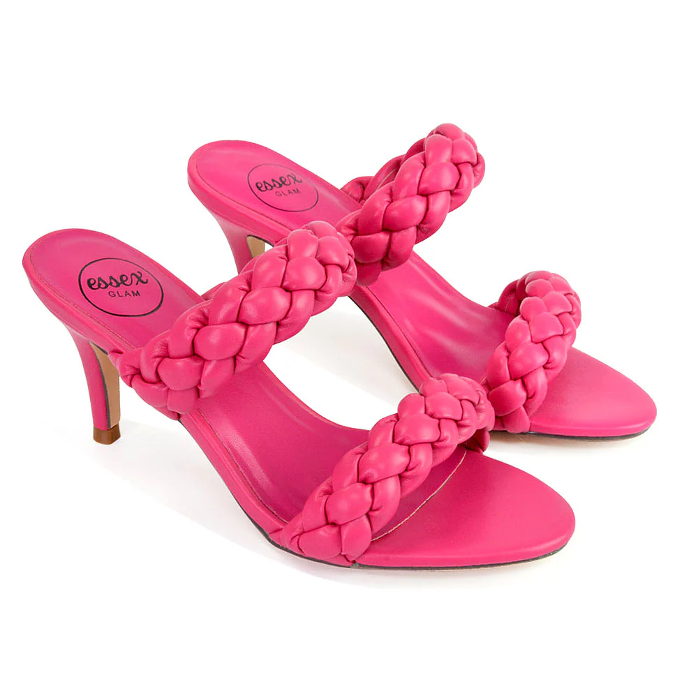 Marsha Square Toe Woven Strap Sandals Mid High Heel Mules in Fuchsia - Image 71