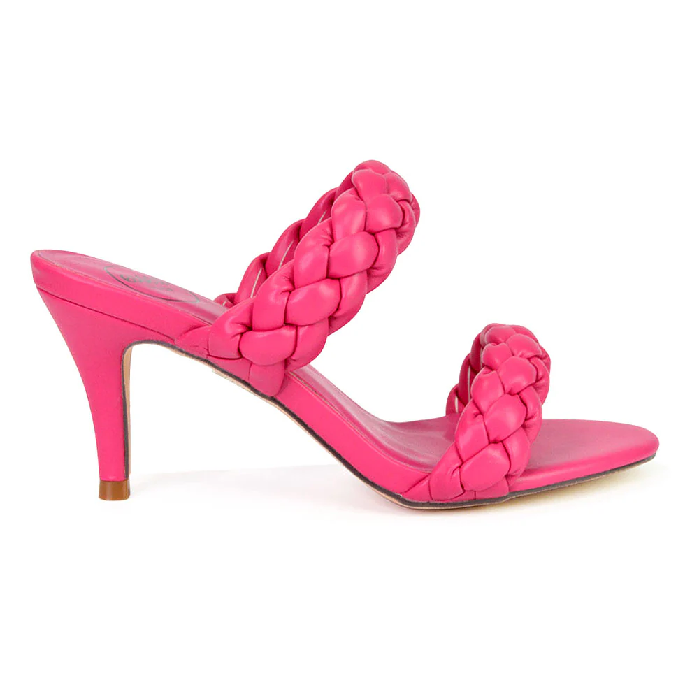 Marsha Square Toe Woven Strap Sandals Mid High Heel Mules in Fuchsia - Image 93