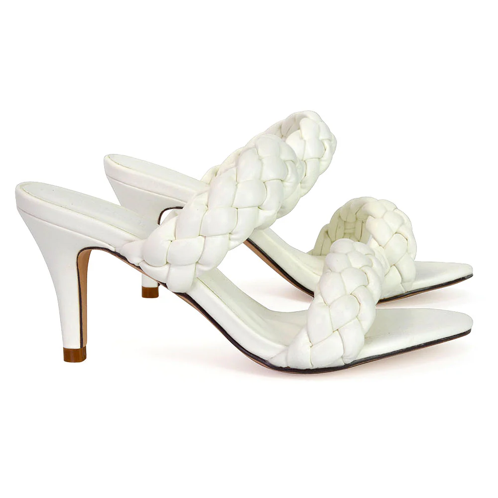 Marsha Square Toe Woven Strap Sandals Mid High Heel Mules in White - Image 39