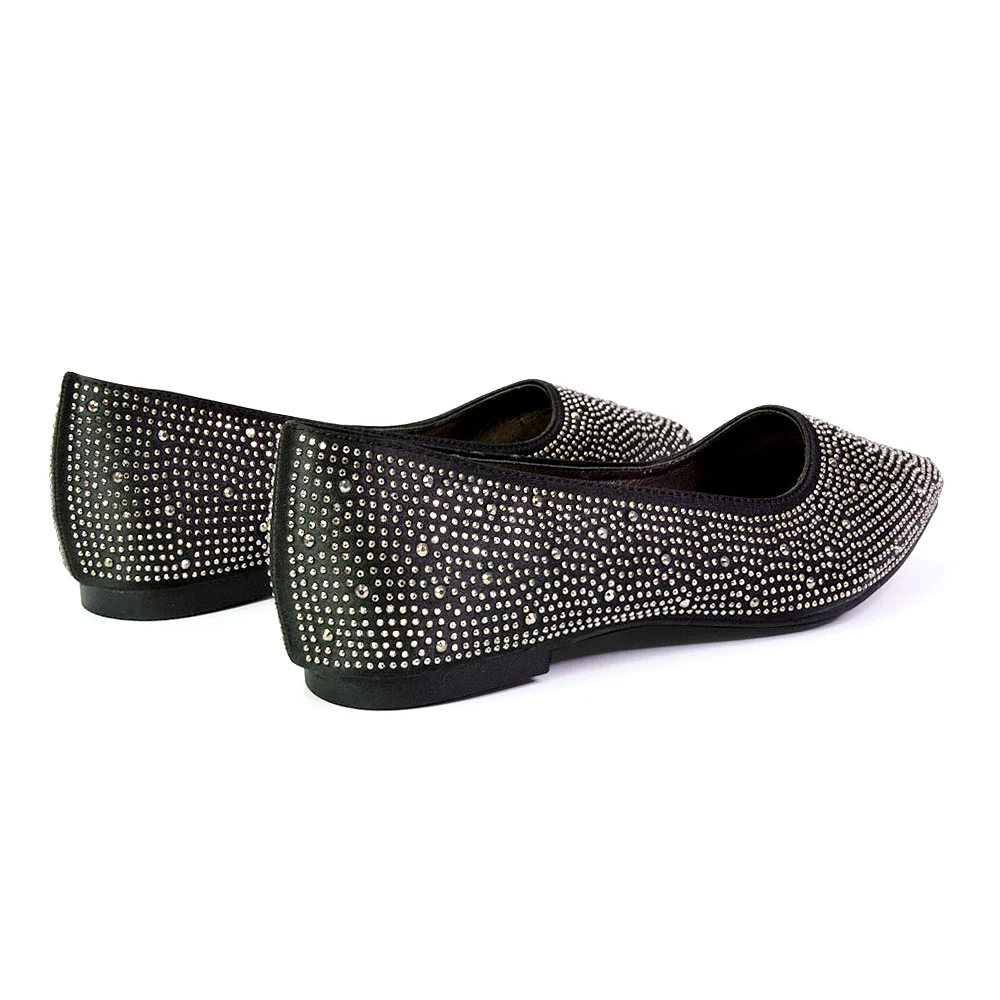 Marshall Bridal Shoes Flat Pointed Toe Diamante Ballerina Pump in Black - Image 150