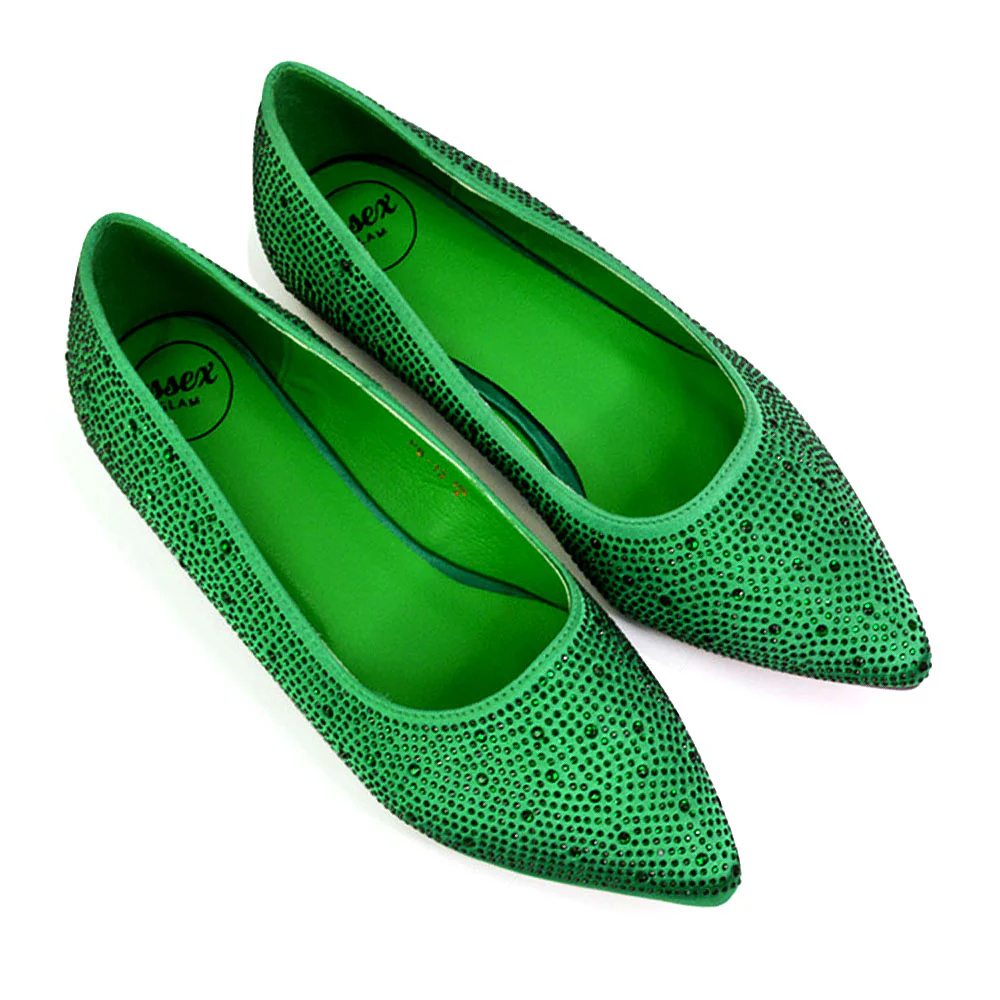 Marshall Bridal Shoes Flat Pointed Toe Diamante Ballerina Pump in Green - Image 2