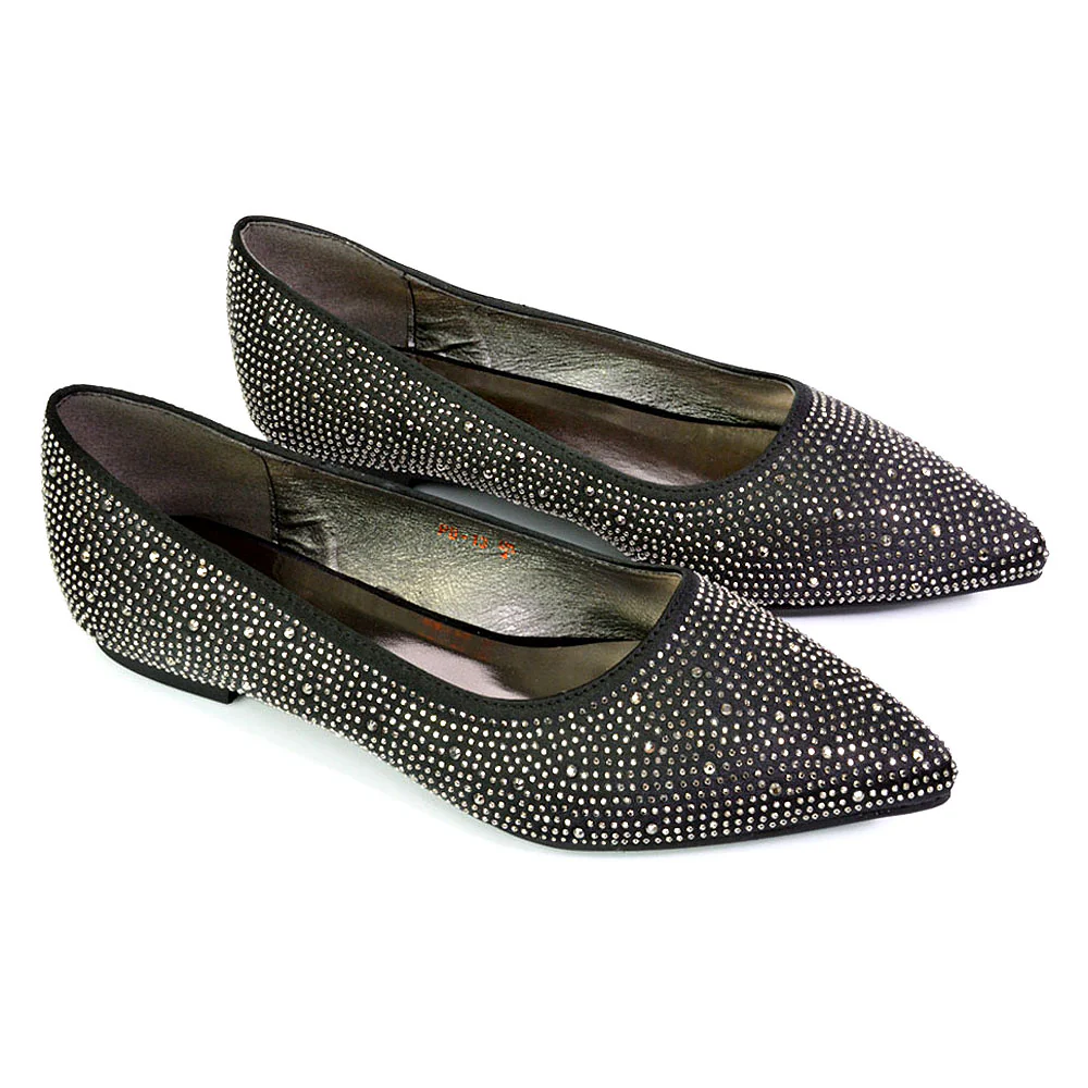 Marshall Bridal Shoes Flat Pointed Toe Diamante Ballerina Pump in Silver - Image 126