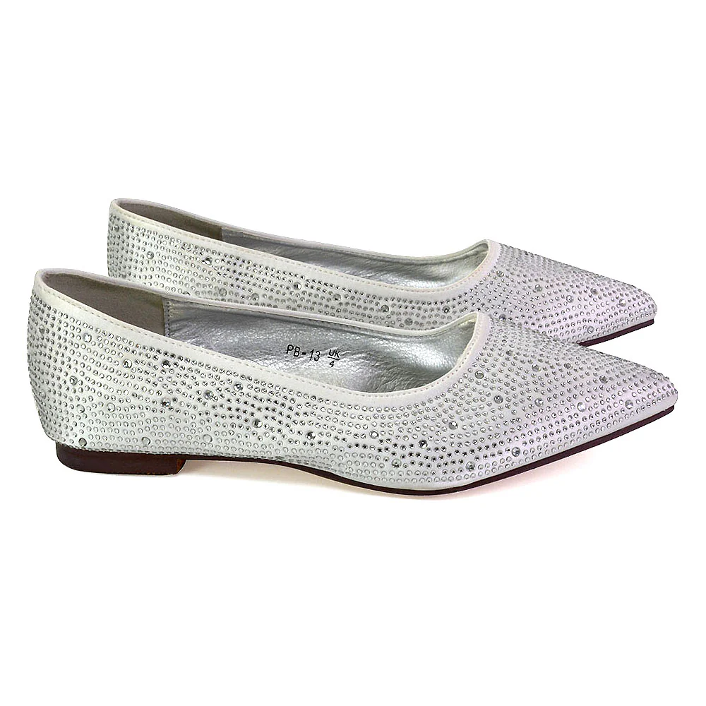 Marshall Bridal Shoes Flat Pointed Toe Diamante Ballerina Pump in White - Image 4