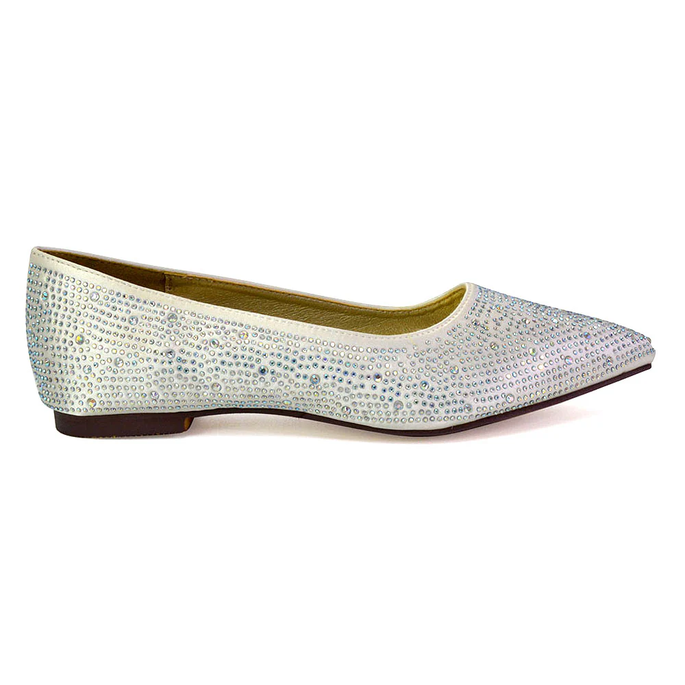 Marshall Bridal Shoes Flat Pointed Toe Diamante Ballerina Pump in White - Image 88