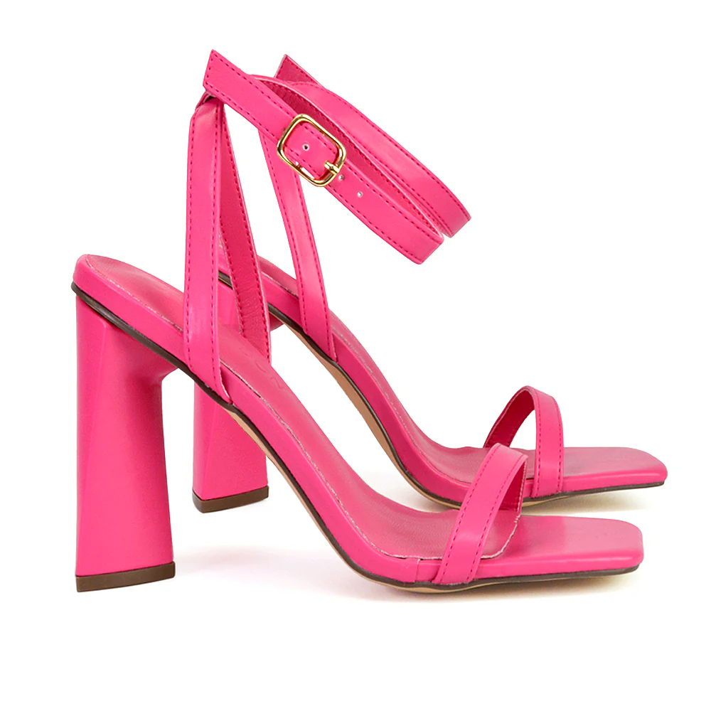 Max Sculptured Triangle Block High Heel Strappy Square Toe Sandals in Hot Pink - Image 80