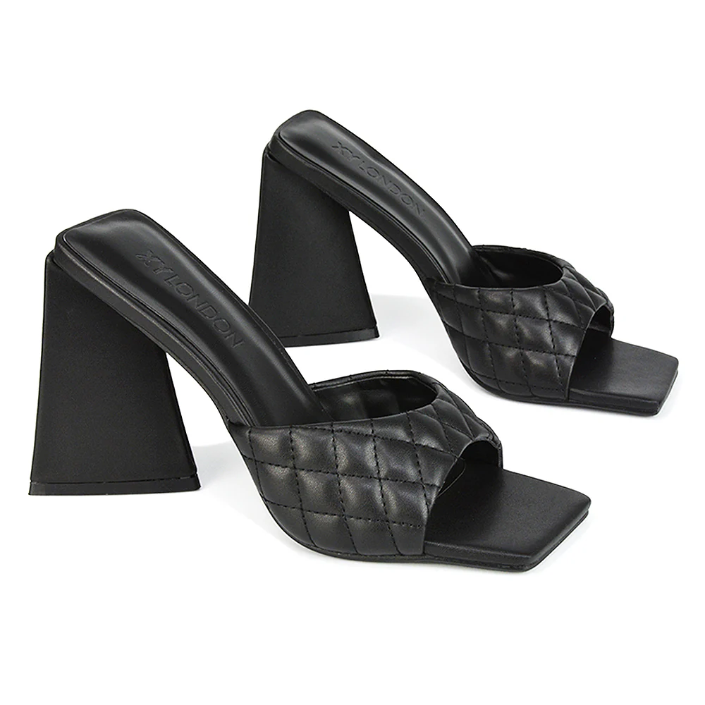Maylin Quilted Square Toe Sculptured Flared High Heel in Blue Synthetic Leather - Image 37