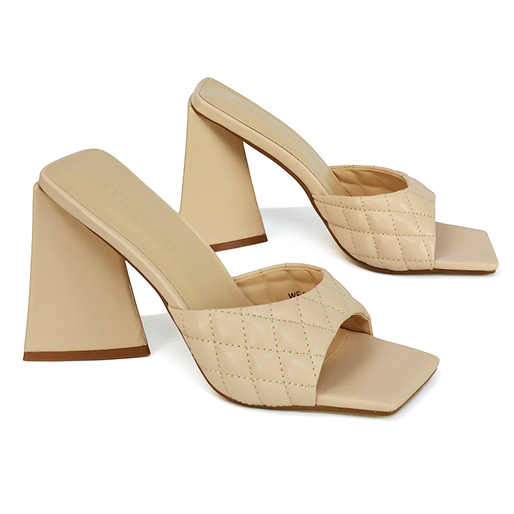 Maylin Womens Quilted Square Toe Sculptured Flared High Heels in Nude Synthetic Leather - Image 114