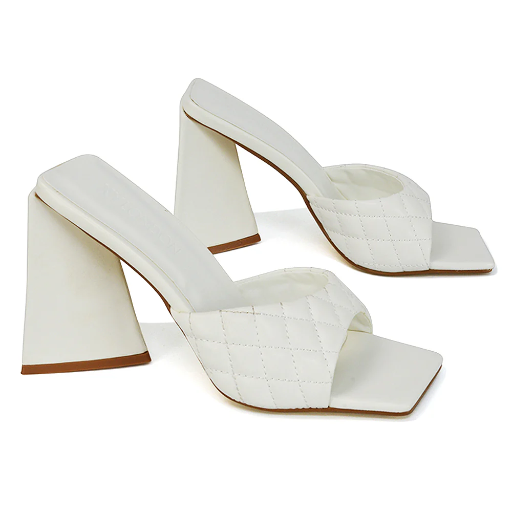Maylin Womens Quilted Square Toe Sculptured Flared High Heels in White Synthetic Leather - Image 77