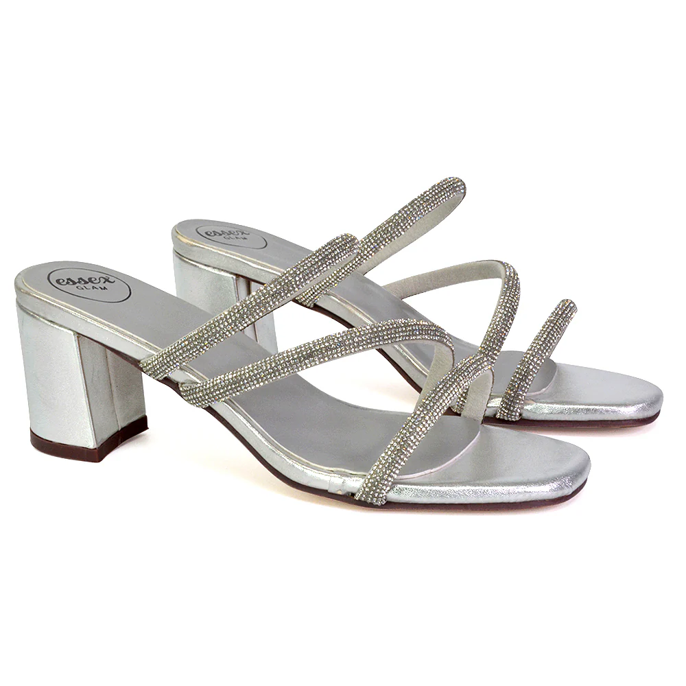 Mckenna Diamante Strappy Square Toe Block High Heel Mules in Black - Image 26
