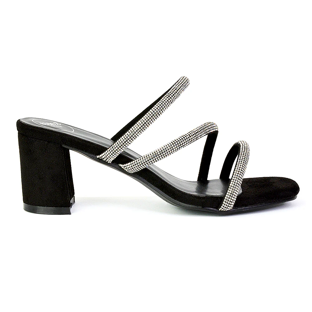 Mckenna Diamante Strappy Square Toe Block High Heel Mules in Black - Image 3