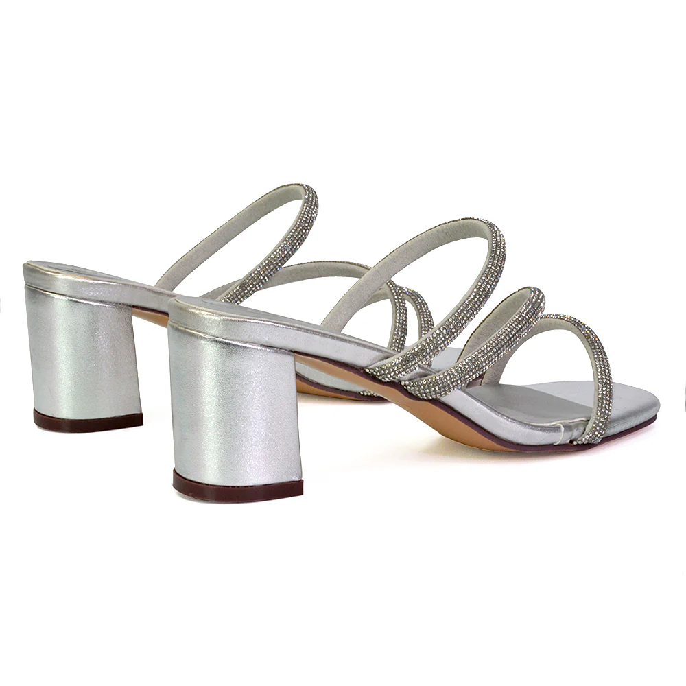Mckenna Diamante Strappy Square Toe Block High Heel Mules in Black - Image 30