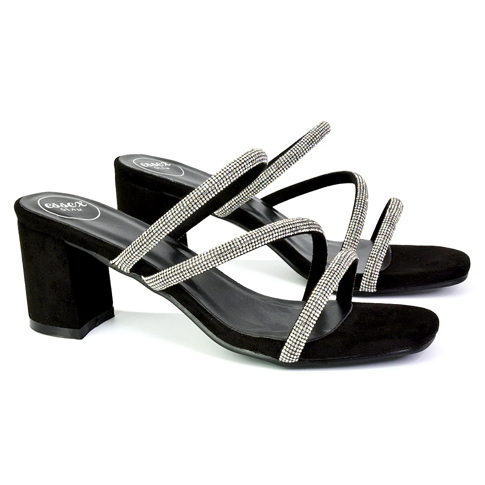 Mckenna Diamante Strappy Square Toe Block High Heel Mules in Black - Image 86