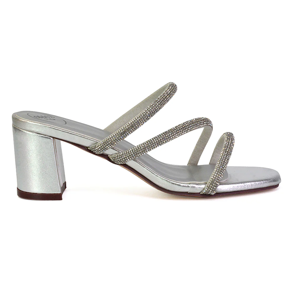 Mckenna Diamante Strappy Square Toe Block High Heel Mules in Gold - Image 23