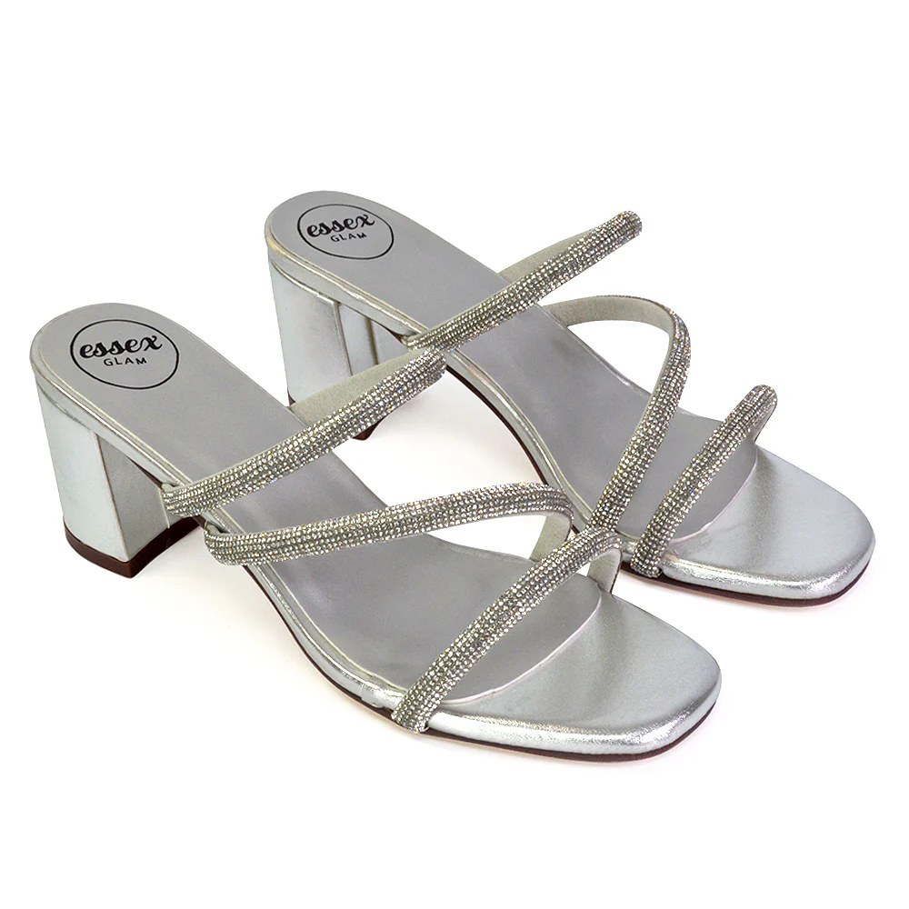 Mckenna Diamante Strappy Square Toe Block High Heel Mules in Gold - Image 34
