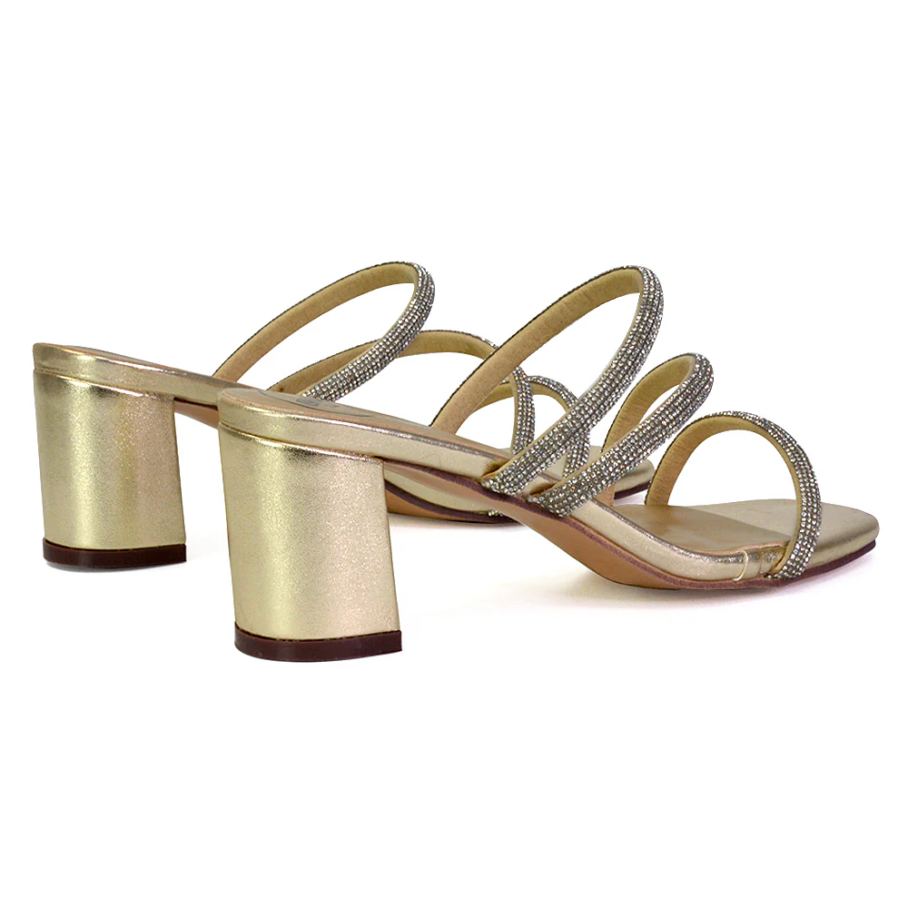 Mckenna Diamante Strappy Square Toe Block High Heel Mules in Gold - Image 40