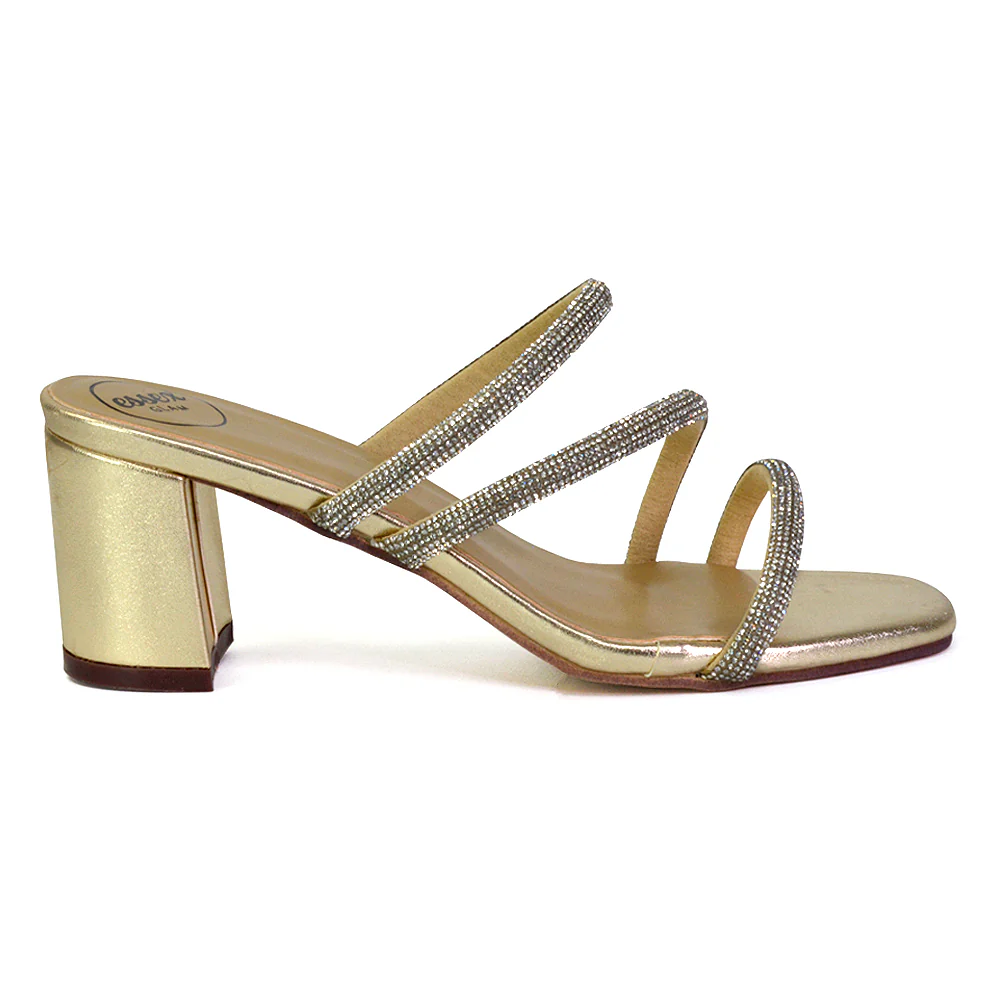 Mckenna Diamante Strappy Square Toe Block High Heel Mules in Gold - Image 53