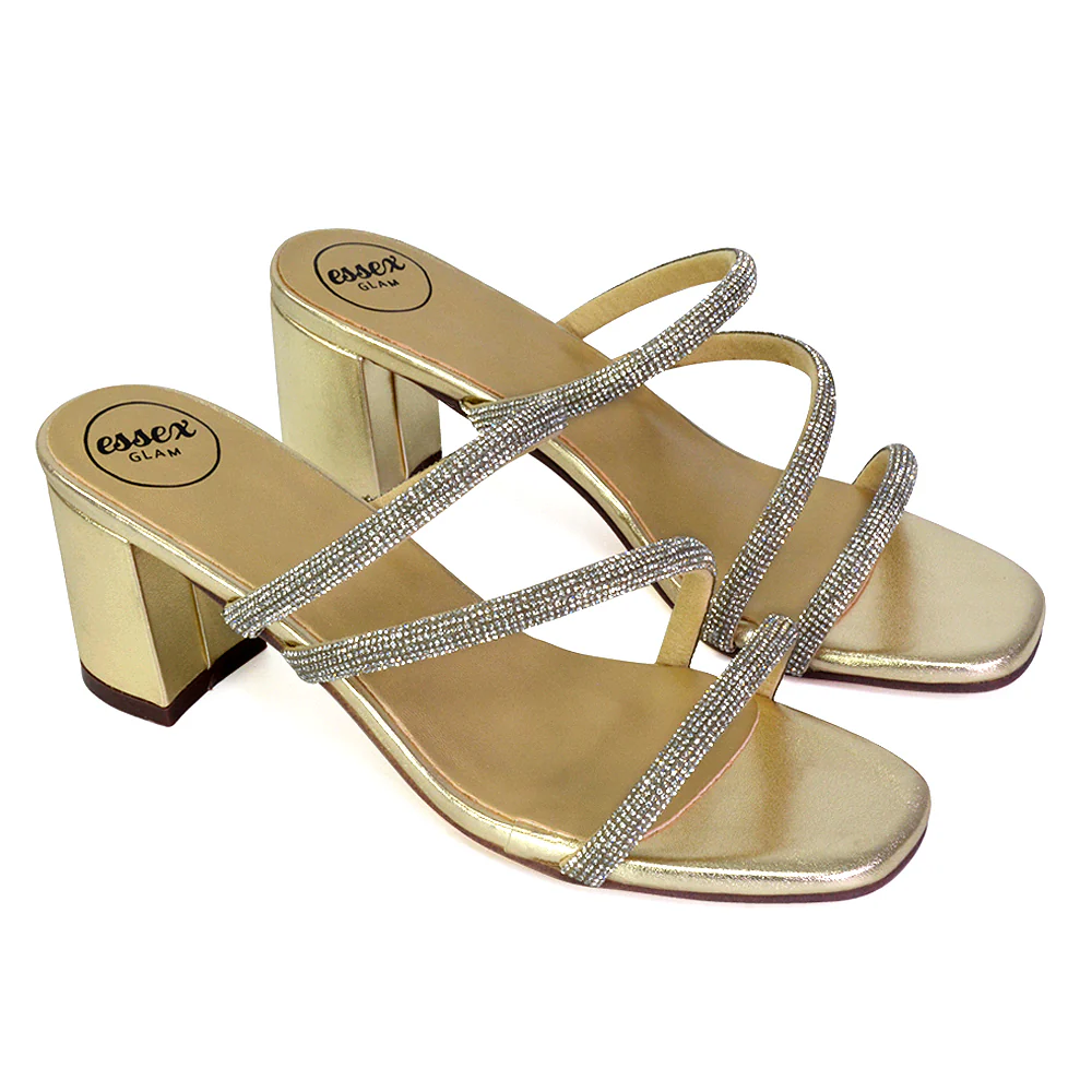 Mckenna Diamante Strappy Square Toe Block High Heel Mules in Gold - Image 54