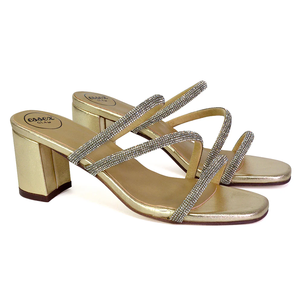 Mckenna Diamante Strappy Square Toe Block High Heel Mules in Silver - Image 56