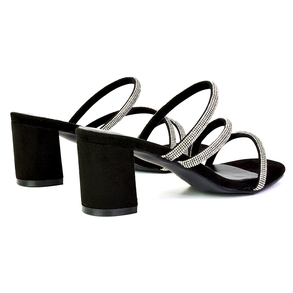 Mckenna Diamante Strappy Square Toe Block High Heel Mules in Silver - Image 85